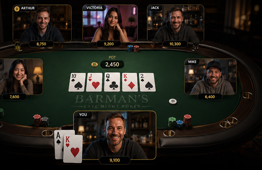 Six friends at the Barman's poker table on live video